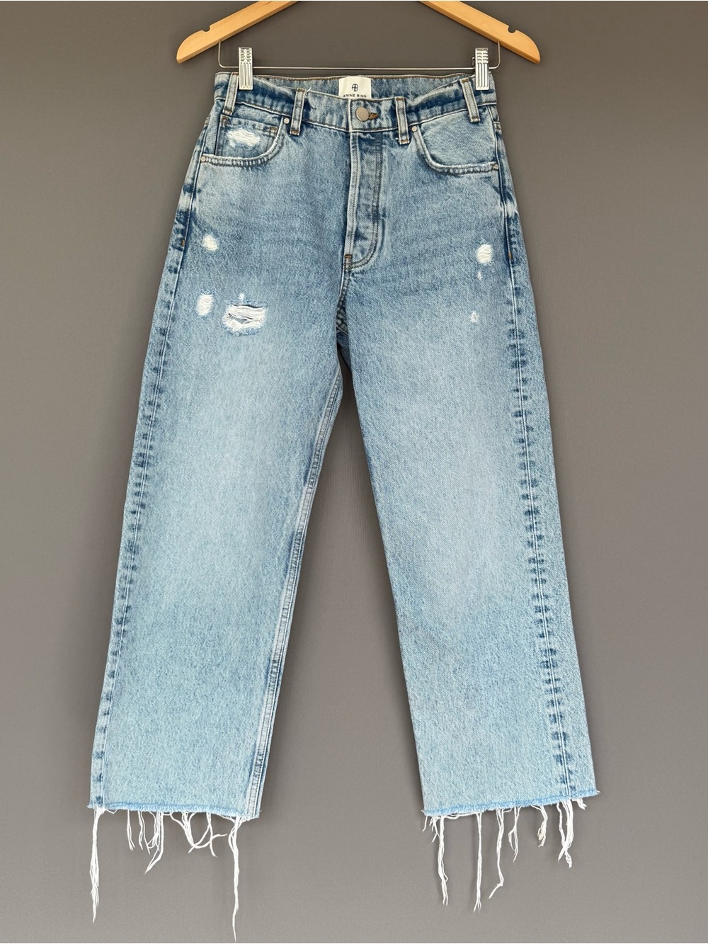 Anine Bing Lewis Distressed Cropped Straight Leg Jeans Light Wash Womens 24